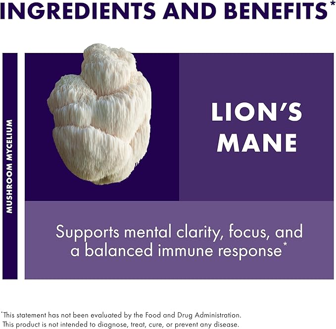 Host Defense Mushrooms Lion's Mane - Supplement Capsules for Brain Health Support - Mushroom Support for Focus & Memory Function - Immune & Nervous System Supplement - 60 Capsules (30 Servings)*
