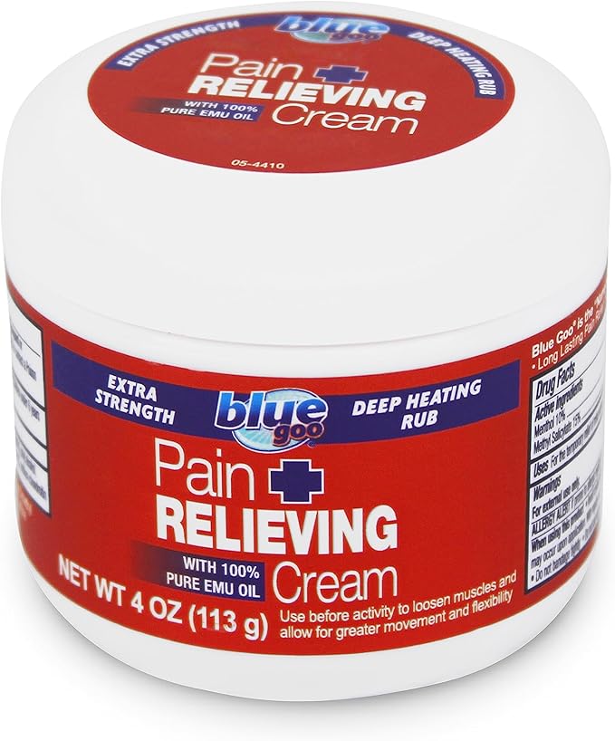 Blue Goo Pain Relieving Cream – FSA & HSA Eligible, Relief for Back/Neck Pain, Sports-Related Muscle/Joint, Sprains/Strains, Deep Heating Rub, Made w/ 100% Pure Emu Oil, 4 oz (1 Pack)