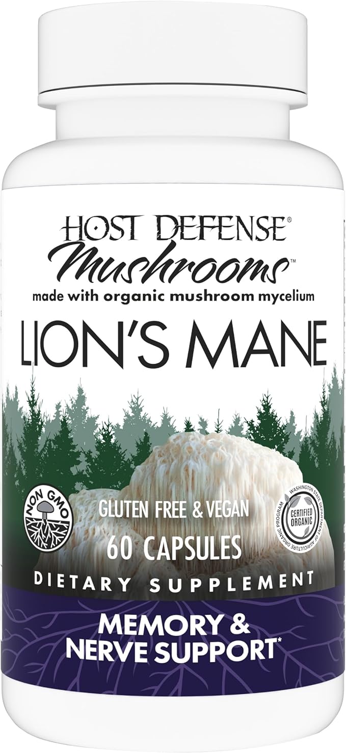 Host Defense Mushrooms Lion's Mane - Supplement Capsules for Brain Health Support - Mushroom Support for Focus & Memory Function - Immune & Nervous System Supplement - 60 Capsules (30 Servings)*