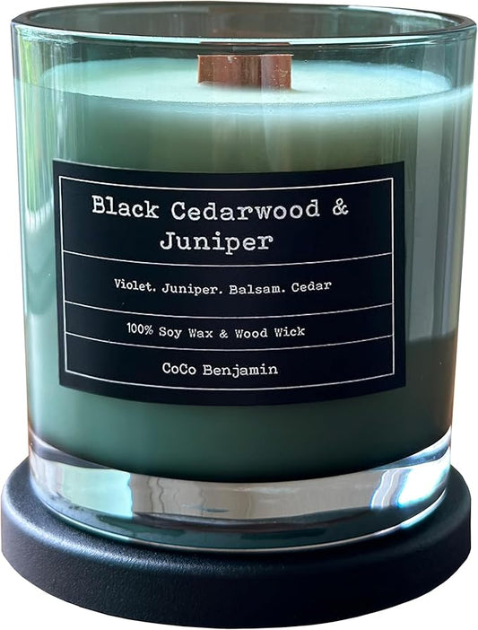 (Black Cedarwood & Juniper) Wooden Wick, 100% Soy, Highly Scented, Hand Poured Soy Candle, 8 oz