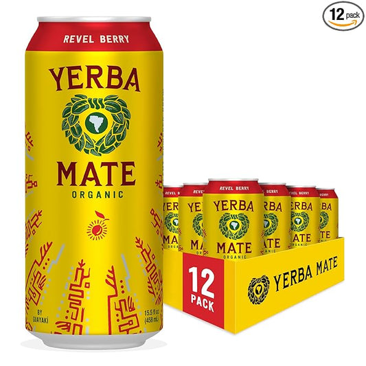 Yerba Madre Organic Yerba Mate, Energy Drink Alternative, Revel Berry, 150mg Natural Plant Based Caffeine, Better for You Energy & Focus, No Jitters or Crash, 15.5 Oz (Pack of 12) (Packaging May Vary)