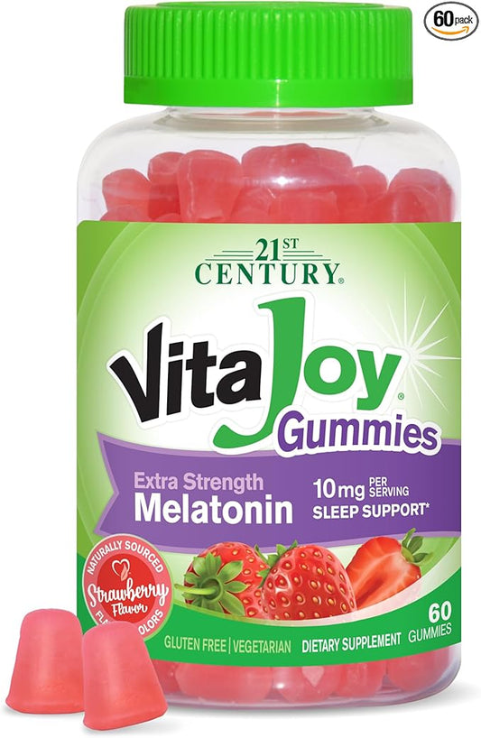 21st Century Healthcare VitaJoy Extra Strength Melatonin 10 mg Gummies, Strawberry, 60 Count, Red, 0.43 pounds, (Pack of 1)