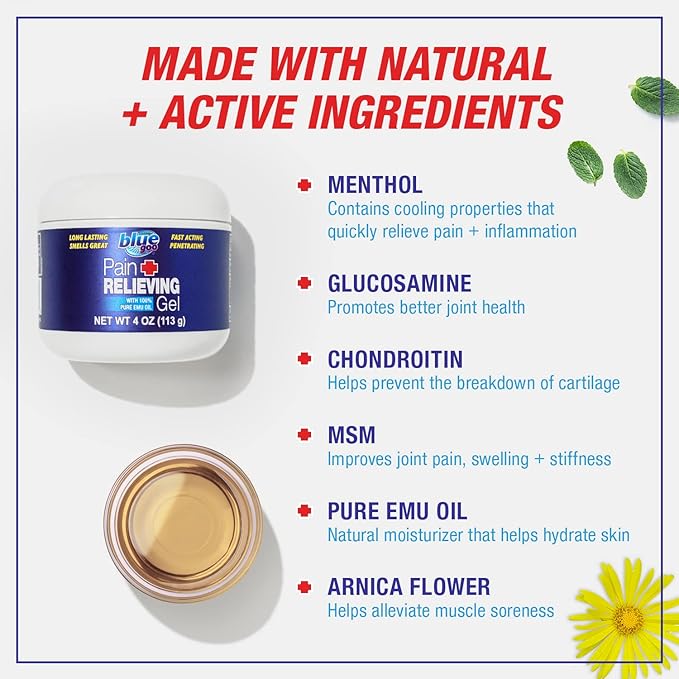 Blue Goo Pain Relieving Gel – FSA & HSA Eligible, for Back, Neck, Muscle, and Joint Pain, Fast-Acting Cooling and Soothing Relief with 100% Pure Emu Oil, 4 oz (2 Pack)