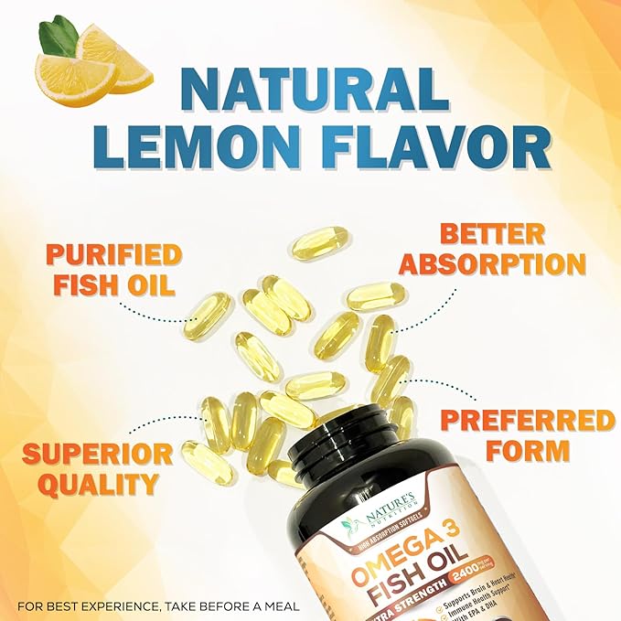 Triple Strength Omega 3 Fish Oil - 2400 mg Natural Omega-3 Supplements Support Brain, Heart & Joint Health with EPA & DHA Essential Fatty Acids - Lemon Flavor, Burpless, Wild Caught - 60 Softgels
