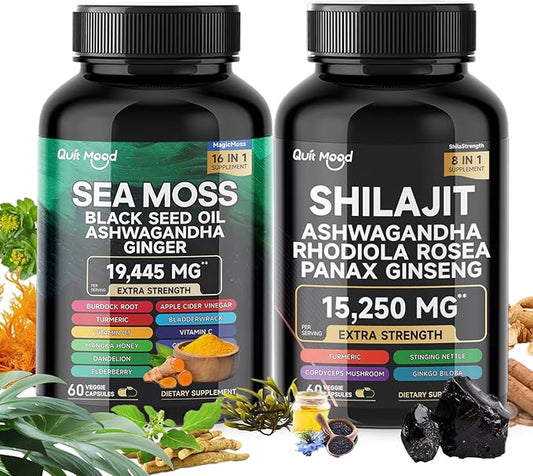 Sea Moss and shilajit Bundle 120 Capsules, with Seamoss, Black Seed Oil, Ashwagandha, Ginger, Burdock Root, Turmeric, Black Pepper Healthcare Dietary, All-in-One Multivitamin Combo Black Seed Oil
