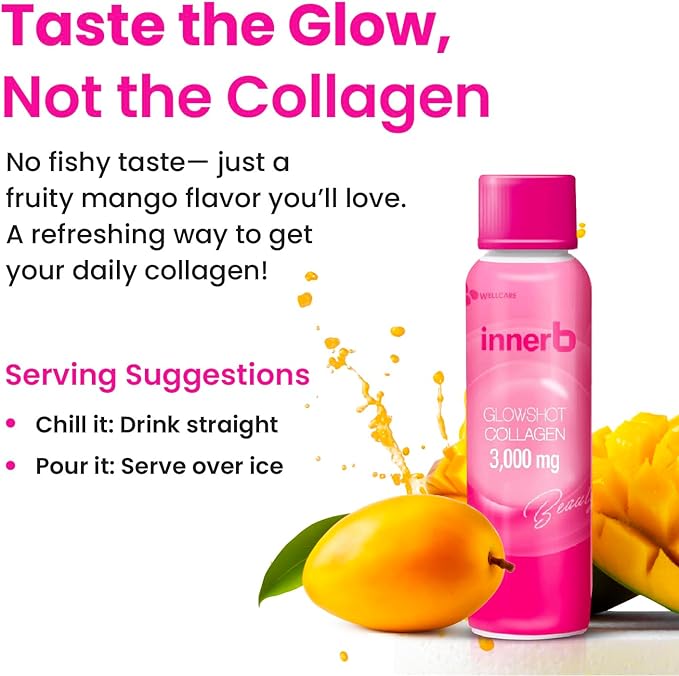 CJ Wellcare Innerb Glowshot Collagen (10.1 fl oz, 6 Servings) - Marine Liquid Collagen for Women, 3,000mg Collagen Peptides, Collagen Shots for High Absorption, Hair, Skin & Nails Supplement
