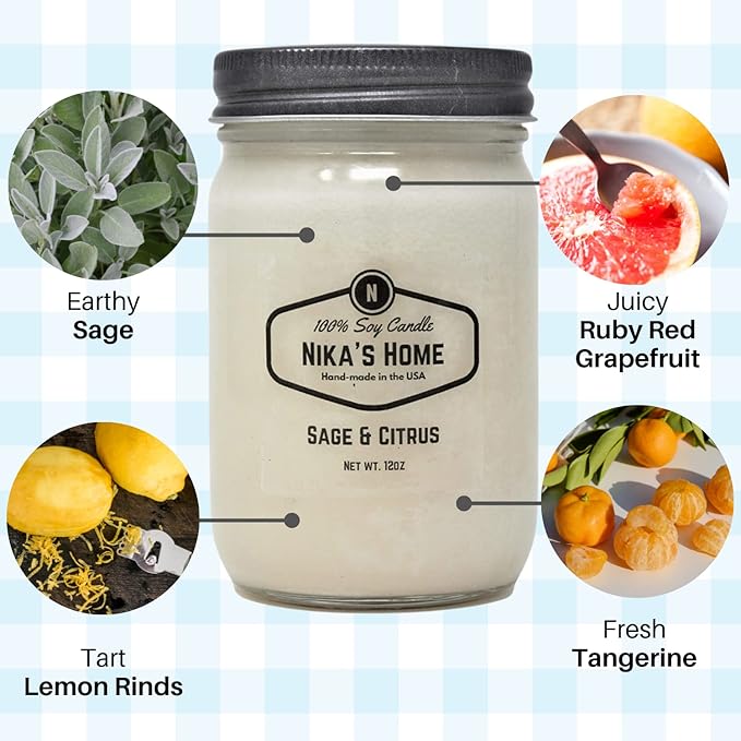 Nika's Home Sage & Citrus Soy Candle - 12oz Mason Jar - Non-Toxic - Hand Poured in The USA, Long Burning 50-60 Hours Highly Scented All Natural, Clean Burning
