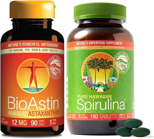 BioAstin Hawaiian Astaxanthin 12mg 90 Count + Pure Hawaiian Spirulina 1000 mg Tablets 180 Count | Bundle