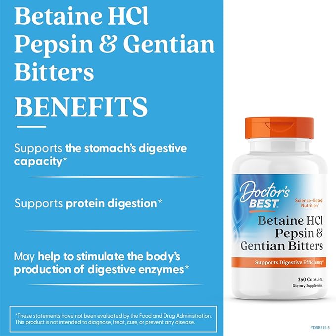 Doctor's Best Betaine HCI Pepsin & Gentian Bitters, Digestive Enzymes for Protein Breakdown & Absorption, Non-GMO, Gluten Free, 360 Count (Pack of 1)