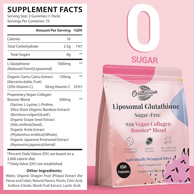 Liposomal Glutathione Gummies 1000MG - Reduced L-Glutathione for Antioxidant - Sugar Free Glutathione Supplement with Vitamin C, Vegan Collagen Gummies for Liver Detox, Glowing Skin - 150 Gummies
