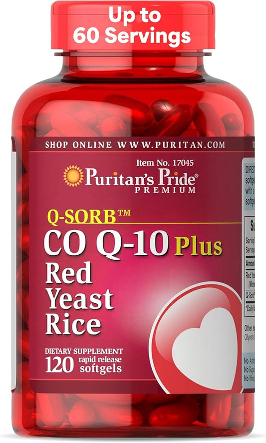 Puritan's Pride Q-Sorb™ Coenzyme CoQ10 Dietary Supplement for Heart Health, Blood Pressure, Oral Gum Health, and Healthy Aging Support, Plus Red Yeast Rice, 120 Rapid Release Softgels