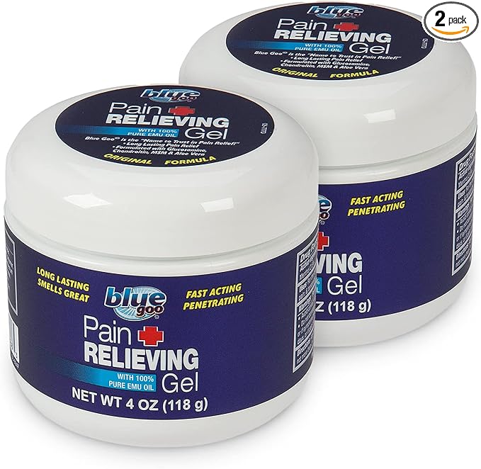 Blue Goo Pain Relieving Gel – FSA & HSA Eligible, for Back, Neck, Muscle, and Joint Pain, Fast-Acting Cooling and Soothing Relief with 100% Pure Emu Oil, 4 oz (2 Pack)
