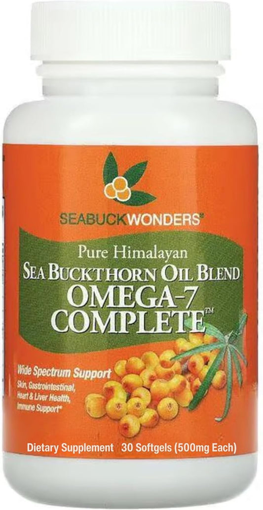 Organic Sea Buckthorn Oil, Omega-7 Complete Softgels, 30 Count, with Omega 3, 6 & 9, Supports Hair, Skin & Nail Health, 1000mg per Serving