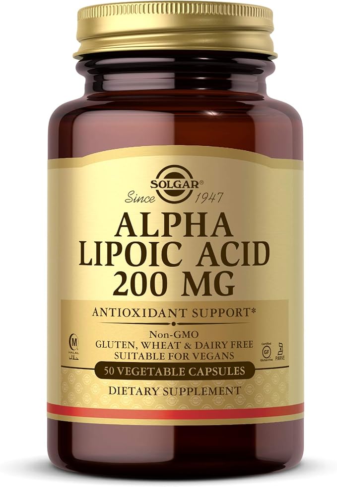 Solgar Alpha Lipoic Acid 200 mg, 50 Vegetable Capsules - Antioxidant Support - Helps to Recycle Glutathione, Vitamin C & E, CoQ-10 - Non-GMO, Vegan, Gluten Free, Dairy Free, Kosher - 50 Servings