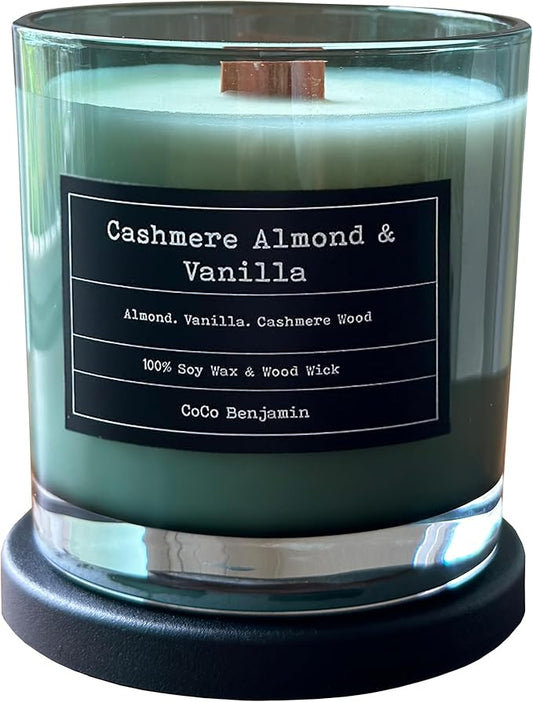 (Cashmere Almond & Vanilla) Wooden Wick, 100% Soy, Highly Scented, Hand Poured Soy Candle, 8 oz