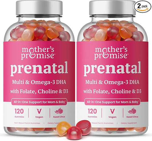 Prenatal Vitamin Gummies with DHA | Vegan Prenatal Vitamins for Women with Omega 3, Folate, Choline & D3, Pregnancy Vitamins for Fetal Development | Gummy Multivitamin Supplement, 120 Count (2-Pack)
