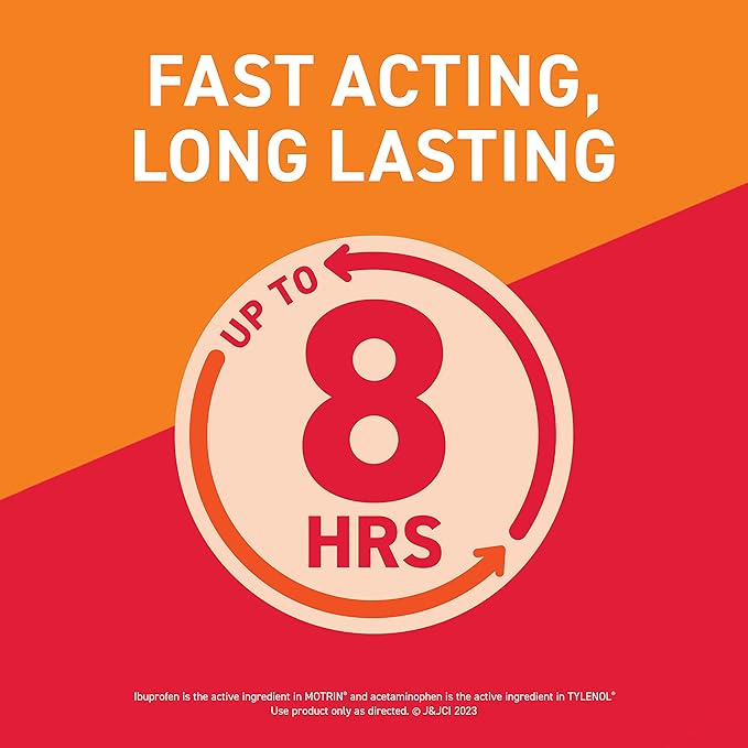 Motrin Dual Action with Tylenol, Ibuprofen & Acetaminophen Fast-Acting Dual Action Pain Reliever for Minor Aches & Pains, Ibuprofen (NSAID) 125 mg & Acetaminophen 250 mg, 120 ct