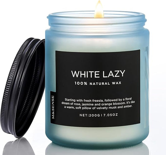 M&SENSE White Lazy - Clean Cotton & Jasmine Scented Candles Natural Soy Jar Candles for Home Decor 7.05oz 50 Hour Long Lasting Burning, Non Toxic Organic Natural Relaxing Candle for Women