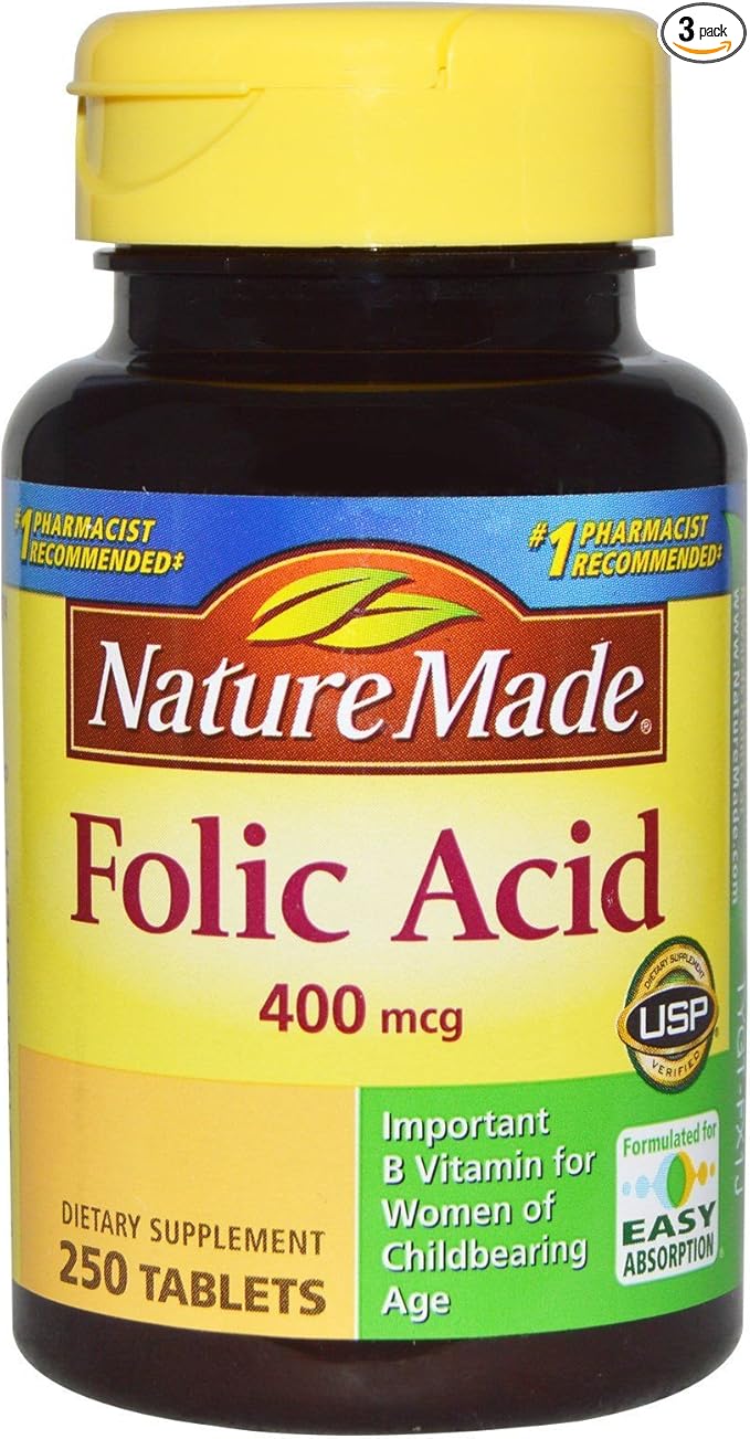 Nature Made Folic Acid 400 mcg (665 mcg DFE) Tablets, 250 Count (Pack of 3)