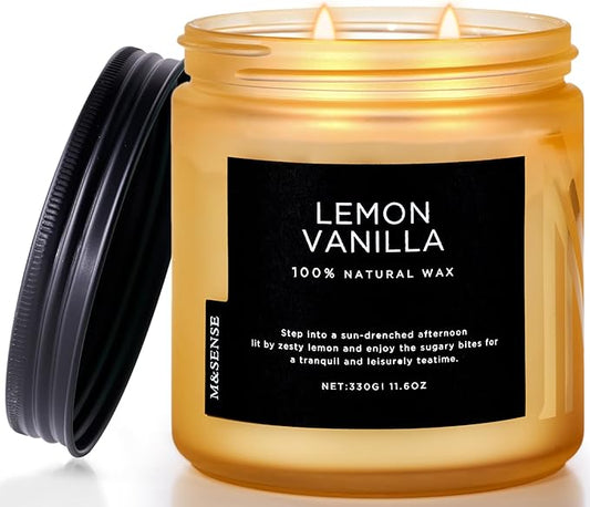 M&SENSE Lemon Vanilla Scented Soy Candles, 11.6oz, 70 Hour Burn Time, 2 Wick, Stress Relief Gifts
