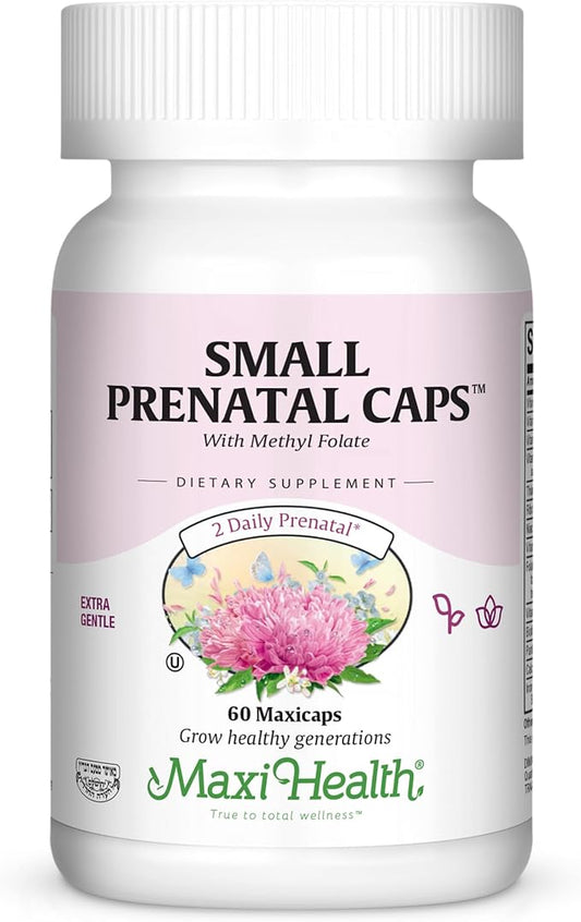Maxi-Health Small Prenatal Capsules with Methyl Folate - Minerals, Gentle Iron, Vitamins - Kosher, 60 Count