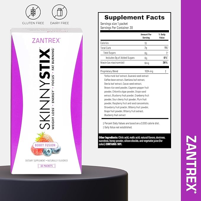 Zantrex SkinnyStix Energy Powder – Lose Weight, GLP-1, Appetite Suppressant, Boost Mood – 10 Calories – Yerba Mate, Coffee Bean – 30 Stix, Berry