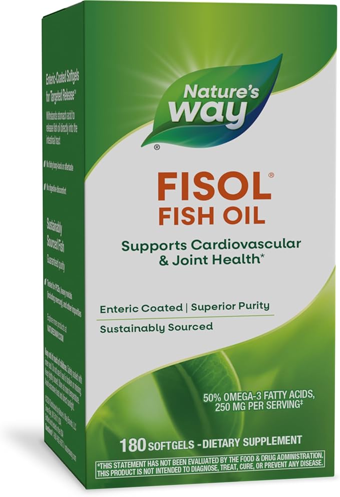 Nature's Way Fisol Fish Oil, Enteric Coated, Supports Cardiovascular and Joint Health*, Mega Potency Omega-3s, 180 Softgels (Packaging May Vary)