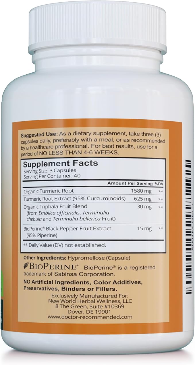 Turmeric Curcumin - 2250mg/d - Veggie Caps - 95% Curcuminoids with Black Pepper Extract (Bioperine) - 750mg Capsules - 100% Organic - Most Powerful Turmeric Supplement with Triphala (120 Count)