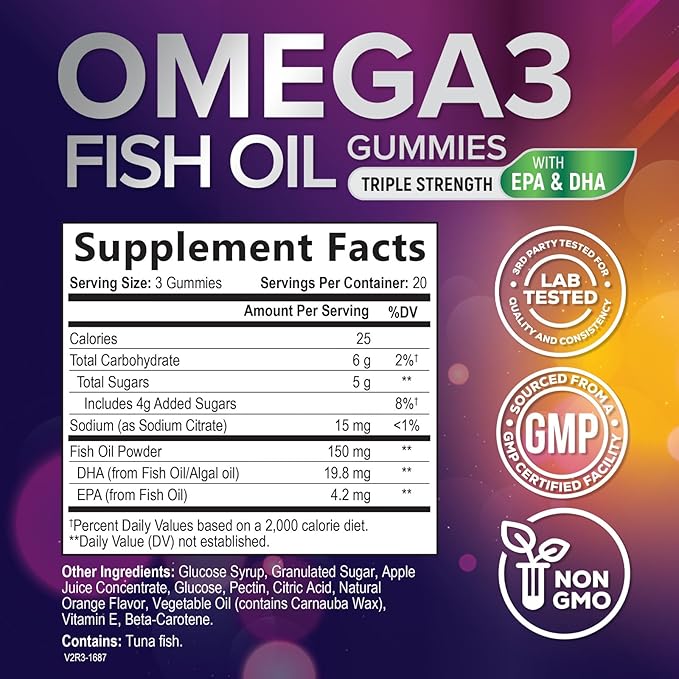 Omega-3 Gummies, Fish Oil Gummies for Adults & Kids, Omega-3 Gummy Vitamins, EPA & DHA Fish Oil Fatty Acids Gummy Supplement, Nature's Supplements for Joint, Heart Health, & Brain Support - 60 Count