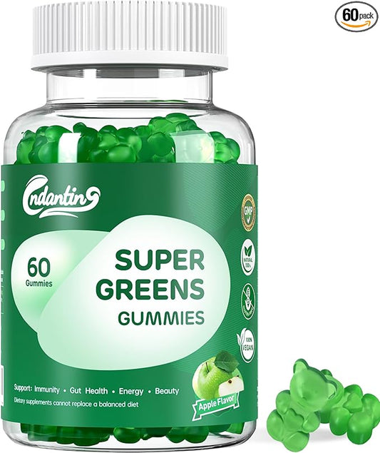 Super Greens Gummies for Woman and Man - Metabolism, Immunity Support, Digestive Health, Boost Energy, Daily Gummy Vitamins Supplement with 20+Nutrients, Spirulina, Apple Flavor, 60 Gummies