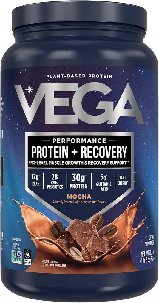 Vega Sport Vegan Protein Powder + Recovery - 30g Plant Based Protein per Serving, Mocha, 19 Servings, 5g BCAAs, Probiotics, NSF Certified, For Shakes & Smoothies, 1.8lbs (Packaging May Vary)