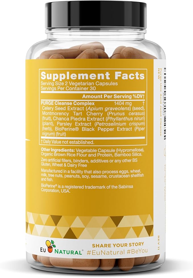 Purge! Uric Acid Flush – Eat & Drink What You Want – Detox and Cleanse with Celery Seed Extract, Tart Cherry & Chanca Piedra for Effective Joint Support & Active Mobility – 120 Soft Vegan Capsules