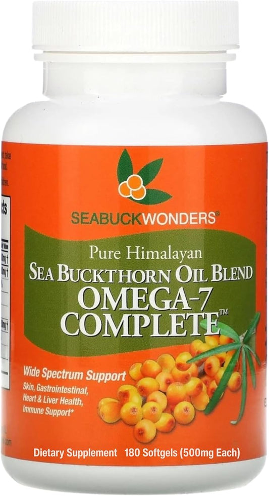 Organic Sea Buckthorn Oil, Omega-7 Complete Softgels, 180 Count, with Omega 3, 6 & 9, Supports Hair, Skin & Nail Health, 1000mg per Serving