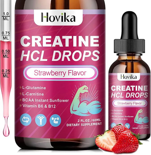 Creatine HCL Liquid Drops for Men & Women, Creatine Hydrochloride with L-Carnitine, L-Glutamine, BCAA, Vitamin B12 & B6 for Muscle Growth, Promote Energy & Recovery-Vegan, Strawberry Flavor, 2 Fl Oz