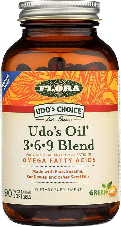 Flora Health Udo's Oil 3-6-9 Blend, Balanced Omega Fatty Acids from Flax, Sesame, Sunflower 90 Vegetarian Softgels