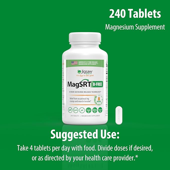 Jigsaw Health MagSRT (B-Free) | Premium, Organic, Slow Release Magnesium Supplement | Active, Bioavailable Magnesium Malate Tablets | 240 Tablets | 60 Servings