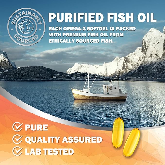 Triple Strength Omega 3 Fish Oil - 2400 mg Natural Omega-3 Supplements Support Brain, Heart & Joint Health with EPA & DHA Essential Fatty Acids - Lemon Flavor, Burpless, Wild Caught - 60 Softgels
