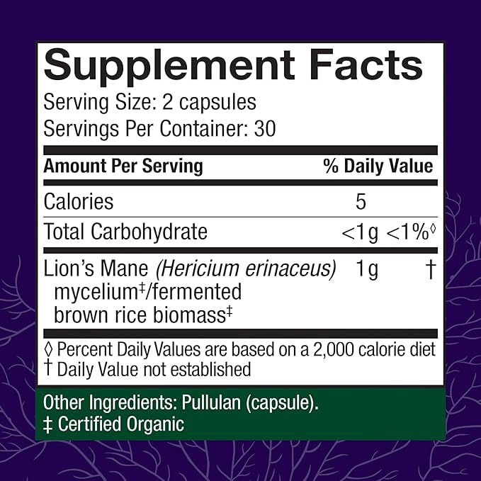 Host Defense Mushrooms Lion's Mane - Supplement Capsules for Brain Health Support - Mushroom Support for Focus & Memory Function - Immune & Nervous System Supplement - 60 Capsules (30 Servings)*