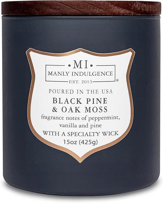 Manly Indulgence Black Pine Oakmoss Scented Candles for Men, 15 oz Wooden Wick, Fathers Day Candle, 60H Burn, Candles for Home Scented - Made in The USA