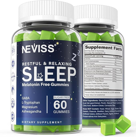NEVISS Melatonin Free Sleep Aid Gummies for Adults - GABA, L-Tryptophan, Magnesium, Ashwagandha - Non-Habit Forming, Help for Deep Relaxation - Vegan, Meyer Lemon Flavor, 1Pack