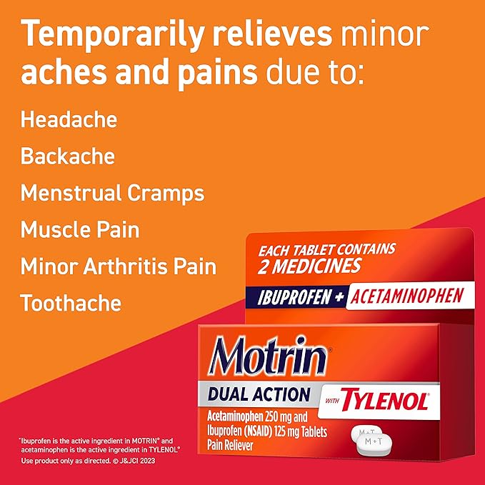 Motrin Dual Action with Tylenol, Ibuprofen & Acetaminophen Fast-Acting Dual Action Pain Reliever for Minor Aches & Pains, Ibuprofen (NSAID) 125 mg & Acetaminophen 250 mg, 120 ct