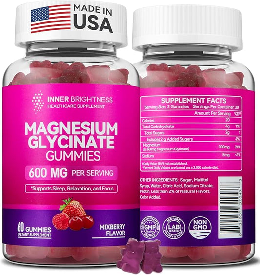 Magnesium Glycinate Gummies 600mg, Non-GMO, Gluten-Free, Magnesium Gummies for Adults & Kids, Sleep, Relaxation & Focus, Mixed Berry Flavor, 60 Count