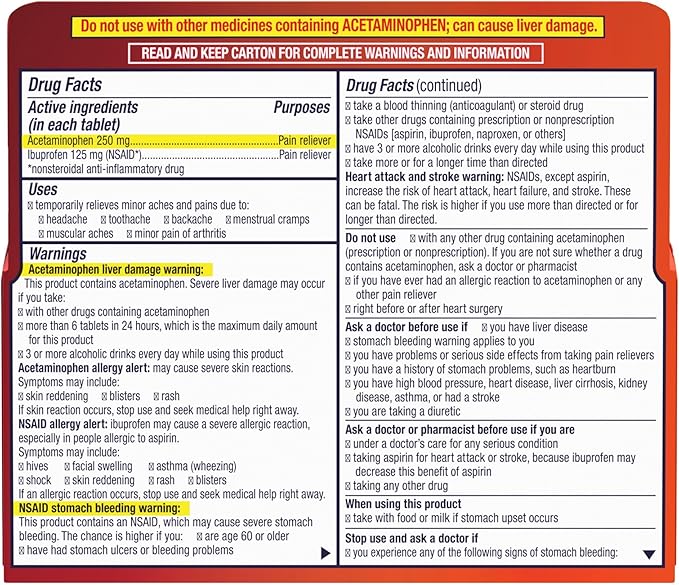 Motrin Dual Action with Tylenol, Ibuprofen & Acetaminophen Fast-Acting Dual Action Pain Reliever for Minor Aches & Pains, Ibuprofen (NSAID) 125 mg & Acetaminophen 250 mg, 120 ct