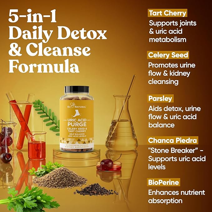 Purge! Uric Acid Flush – Eat & Drink What You Want – Detox and Cleanse with Celery Seed Extract, Tart Cherry & Chanca Piedra for Effective Joint Support & Active Mobility – 120 Soft Vegan Capsules