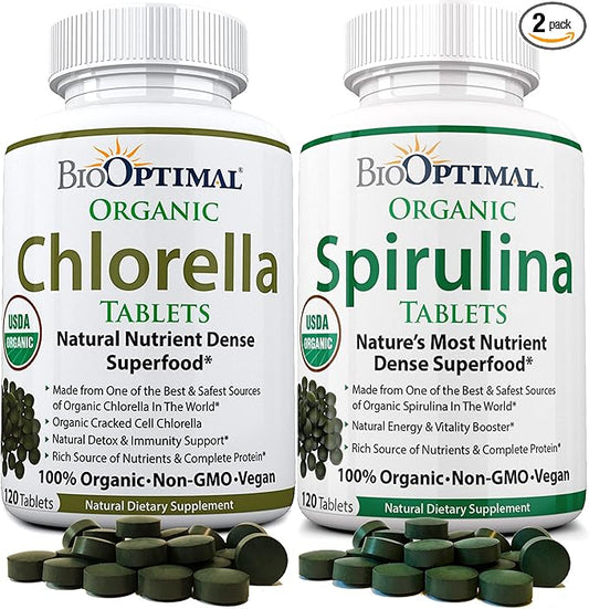 Chlorella Spirulina - Bundle - Organic Chorella Tablets & Organic Spirulina Tablets, 120 Count Each, Premium Quality 4 Organic Certifications