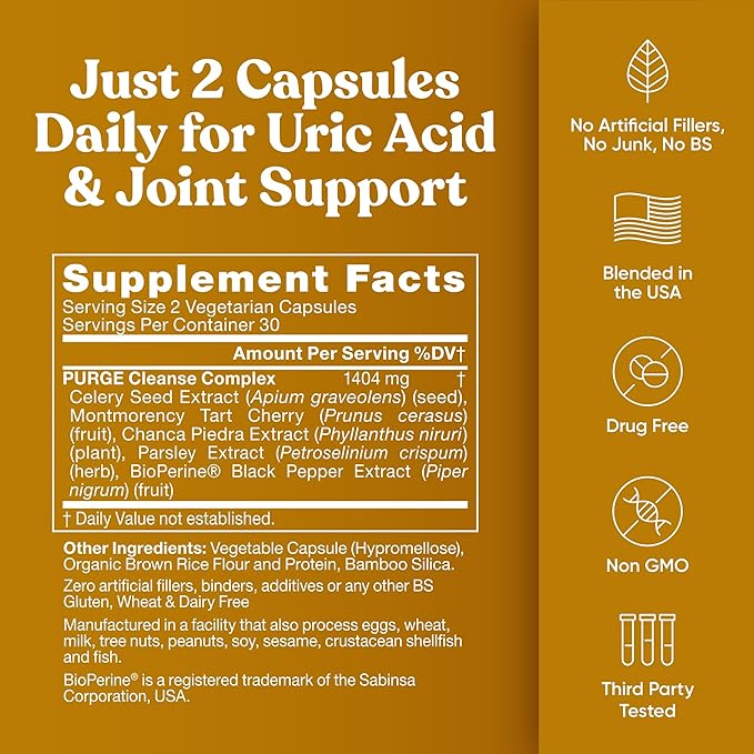 Purge! Uric Acid Flush – Eat & Drink What You Want – Detox and Cleanse with Celery Seed Extract, Tart Cherry & Chanca Piedra for Effective Joint Support & Active Mobility – 120 Soft Vegan Capsules