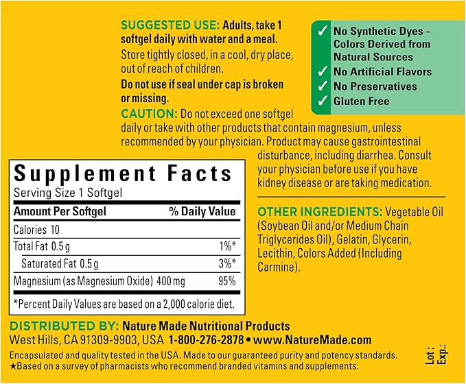 Nature Made Extra Strength Magnesium Oxide 400 mg, Magnesium Supplement for Muscle, Nerve, Bone and Heart Support, 60 Softgels, 60 Day Supply