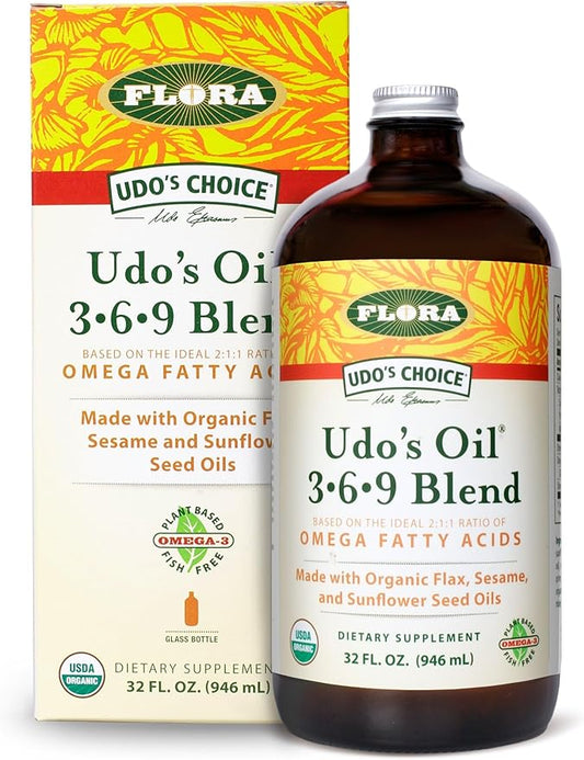 Flora Udo's Oil 3-6-9 Blend - Vegan Omega-3 & Omega-6 - Contains Organic Coconut & Flax Seed Oil - Keep Chilled - 32 fl. oz.