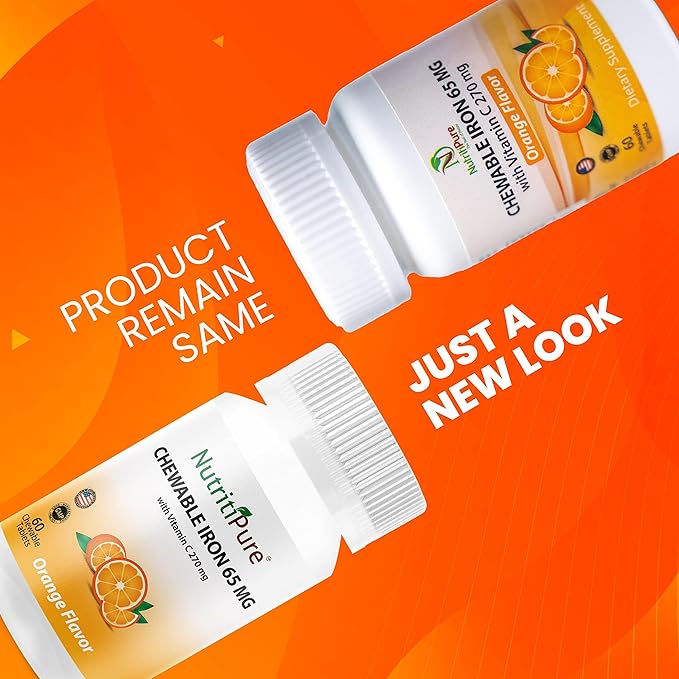 Chewable Iron 65 mg with Vitamin C 270 mg (for Women/Men) |60 Days Supply | No Sugar- Zesty Orange Flavor Supplement 60 Count