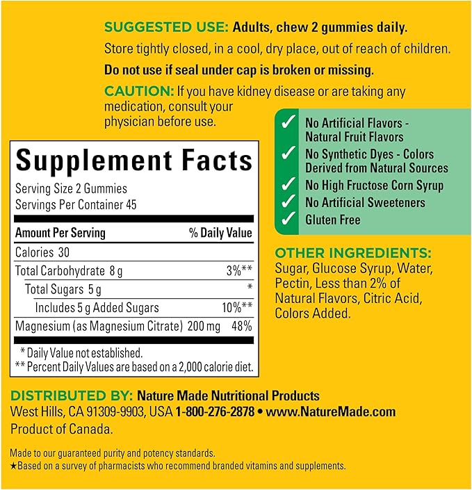 Nature Made High Absorption Magnesium Citrate 200 mg per serving, Magnesium Supplement for Muscle, Nerve, Bone and Heart Support, 90 Magnesium Gummies, 45 Day Supply